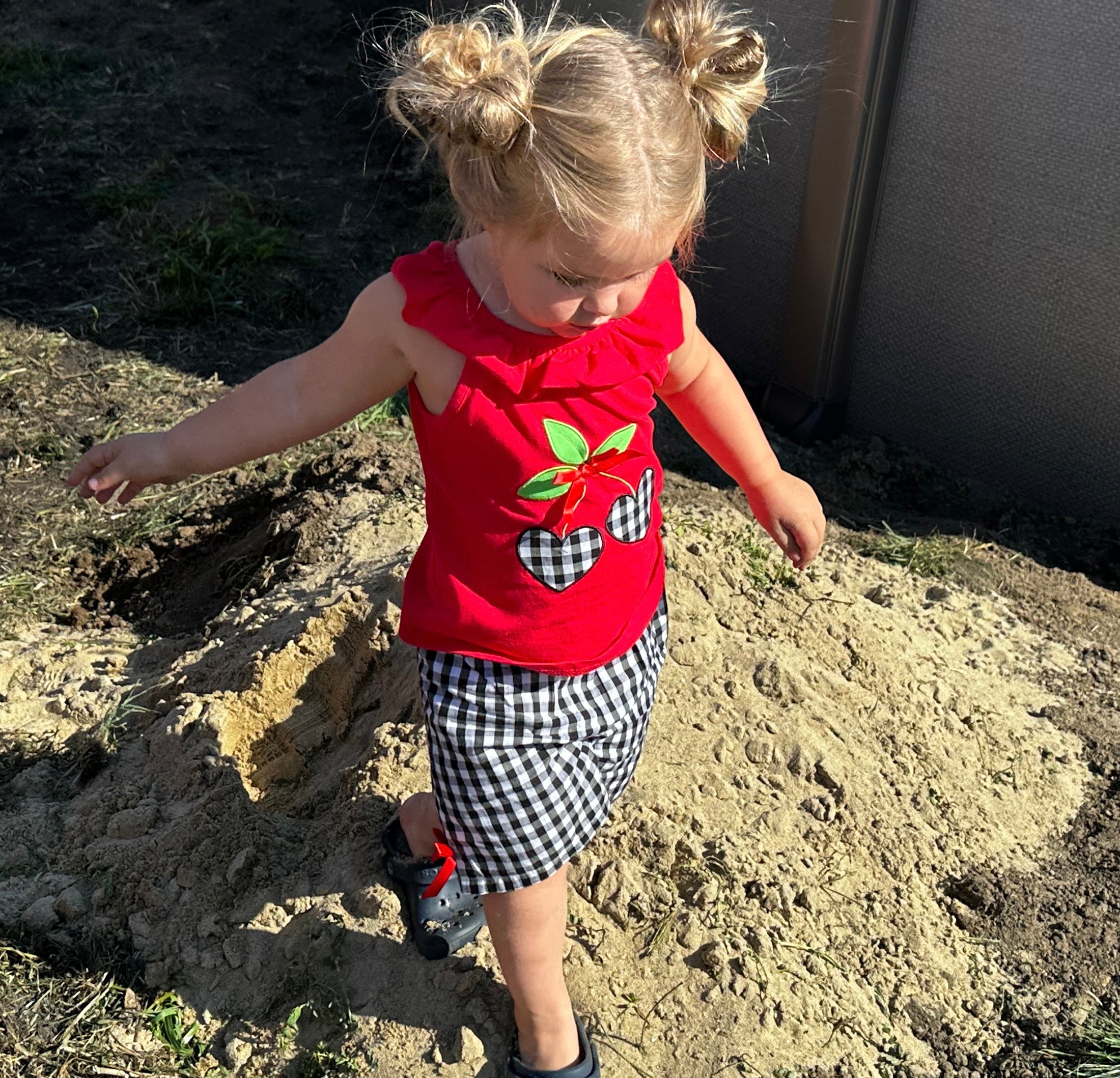 Girls Red Cherry Ruffled Tunic with Gingham Woven Shorts Outfit featuring angel cap sleeves and cherry heart applique.