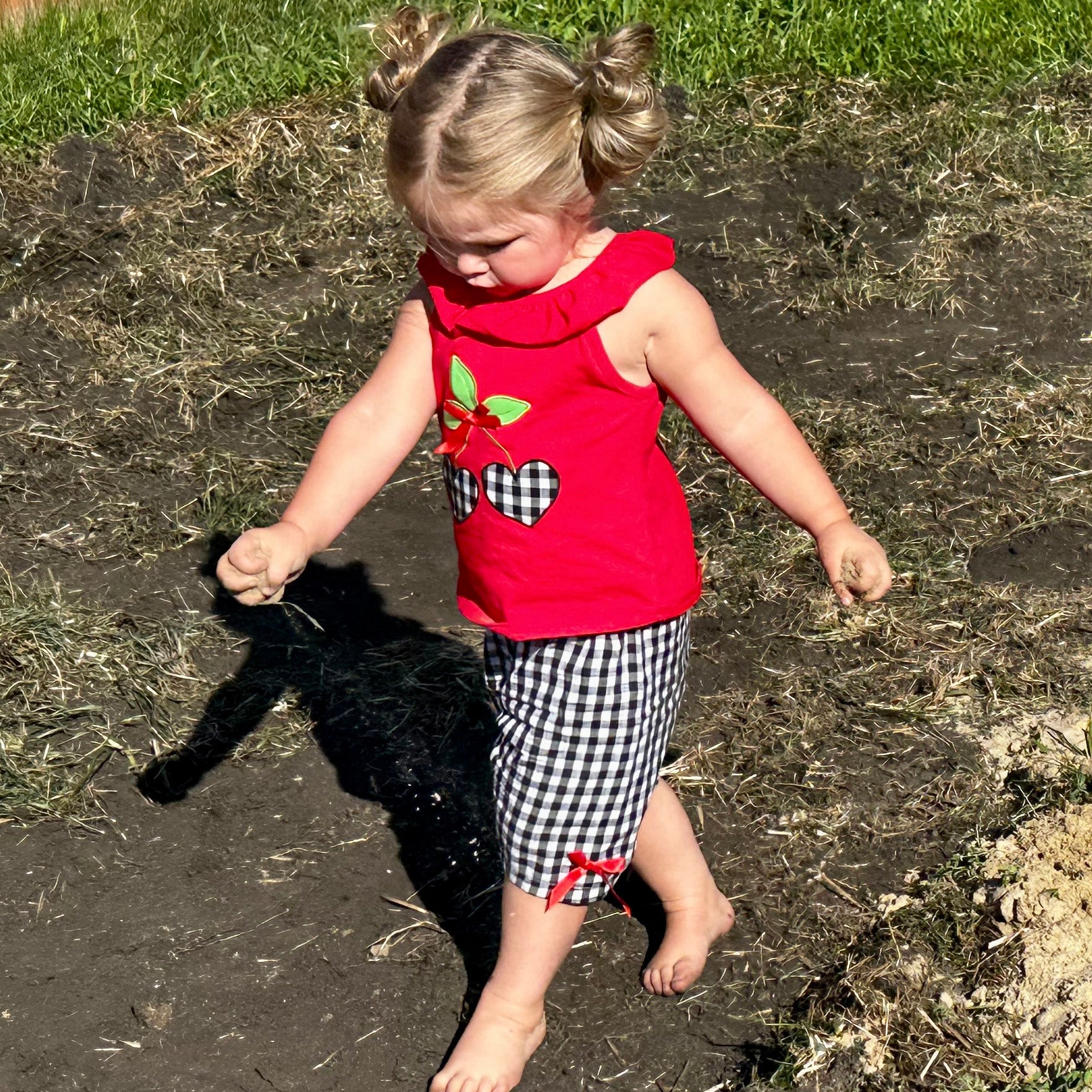 Girls Red Cherry Ruffled Tunic with Gingham Woven Shorts Outfit featuring angel cap sleeves and cherry heart applique.