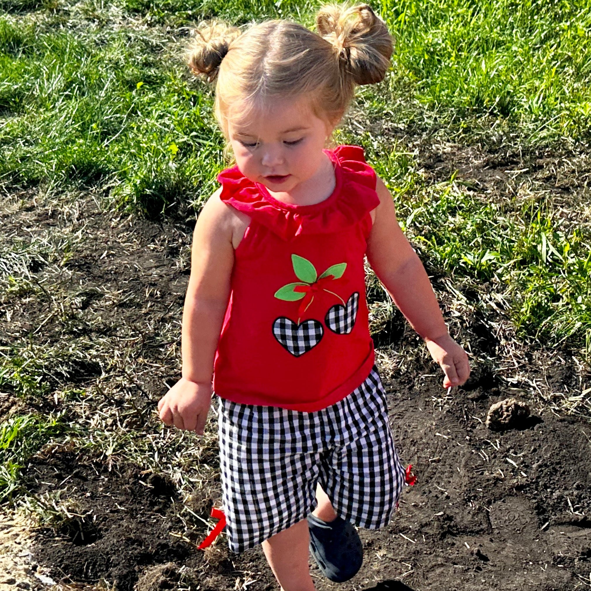 Girls Red Cherry Ruffled Tunic with Gingham Woven Shorts Outfit featuring angel cap sleeves and cherry heart applique.