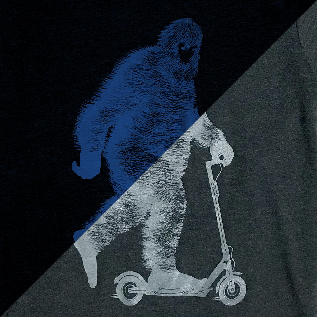 Glow BIG Kids T-shirt in charcoal grey, glowing electric blue in the dark, showcasing its unique design and soft fabric.