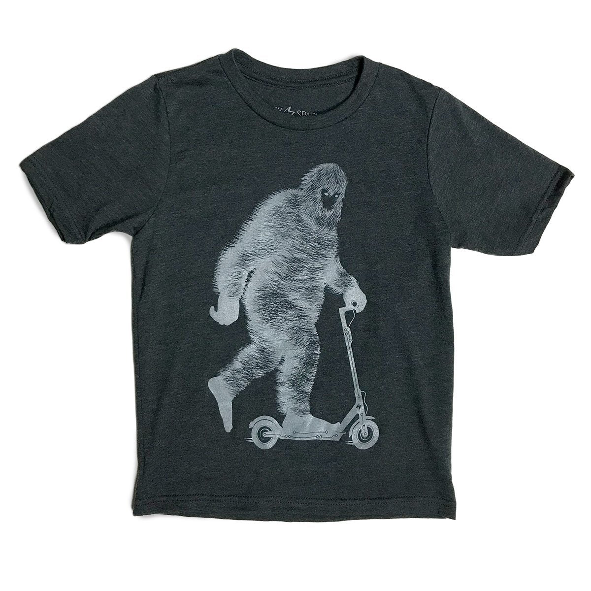 Glow BIG Kids T-shirt in charcoal grey, glowing electric blue in the dark, showcasing its unique design and soft fabric.