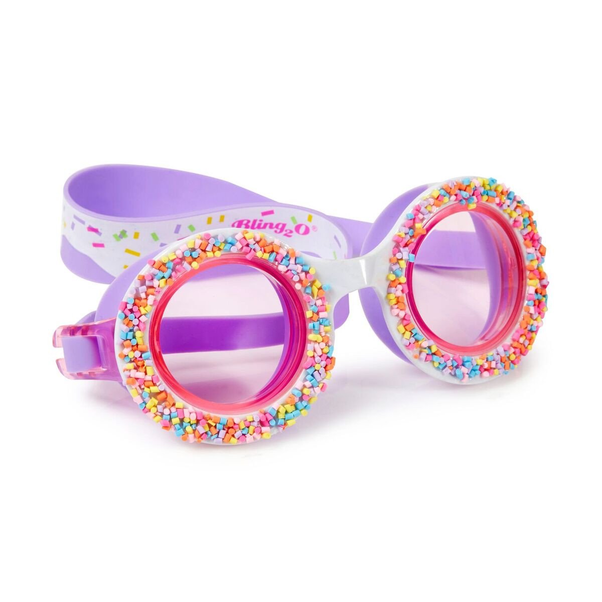 Purple swimming goggles designed for girls, featuring a fun donut shape and vibrant color.