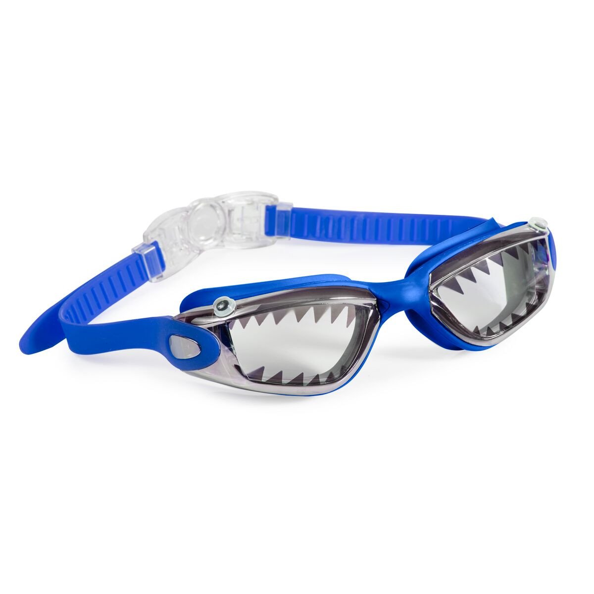 Jawsome Royal Blue swimming goggles with shark teeth design and googly eyes, perfect for kids.