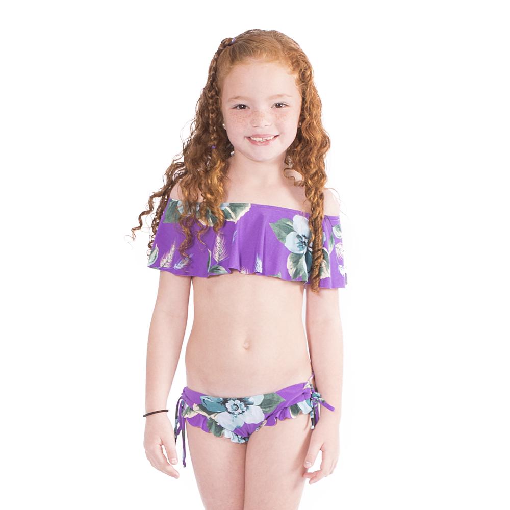 Vibrant green and purple off-shoulder bikini with adjustable lateral ties, perfect for summer fun.