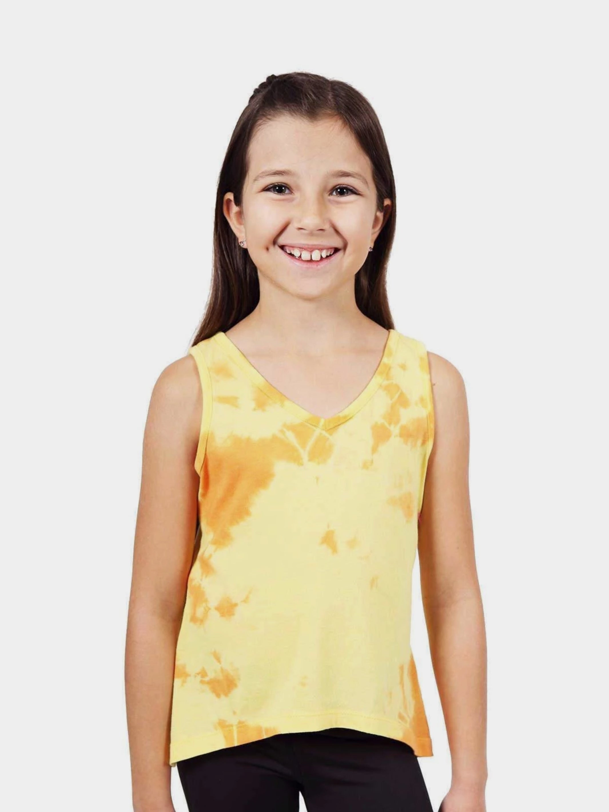 Gwyn Tie Dye Tank Top in lime and yellow, showcasing unique hand-dye patterns and a relaxed fit, perfect for summer wear.