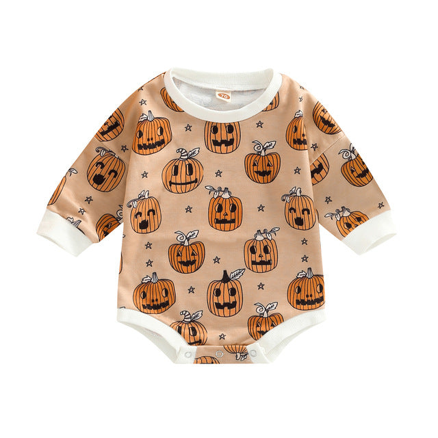 A stylish Halloween romper made of soft cotton, featuring festive designs perfect for Halloween celebrations.