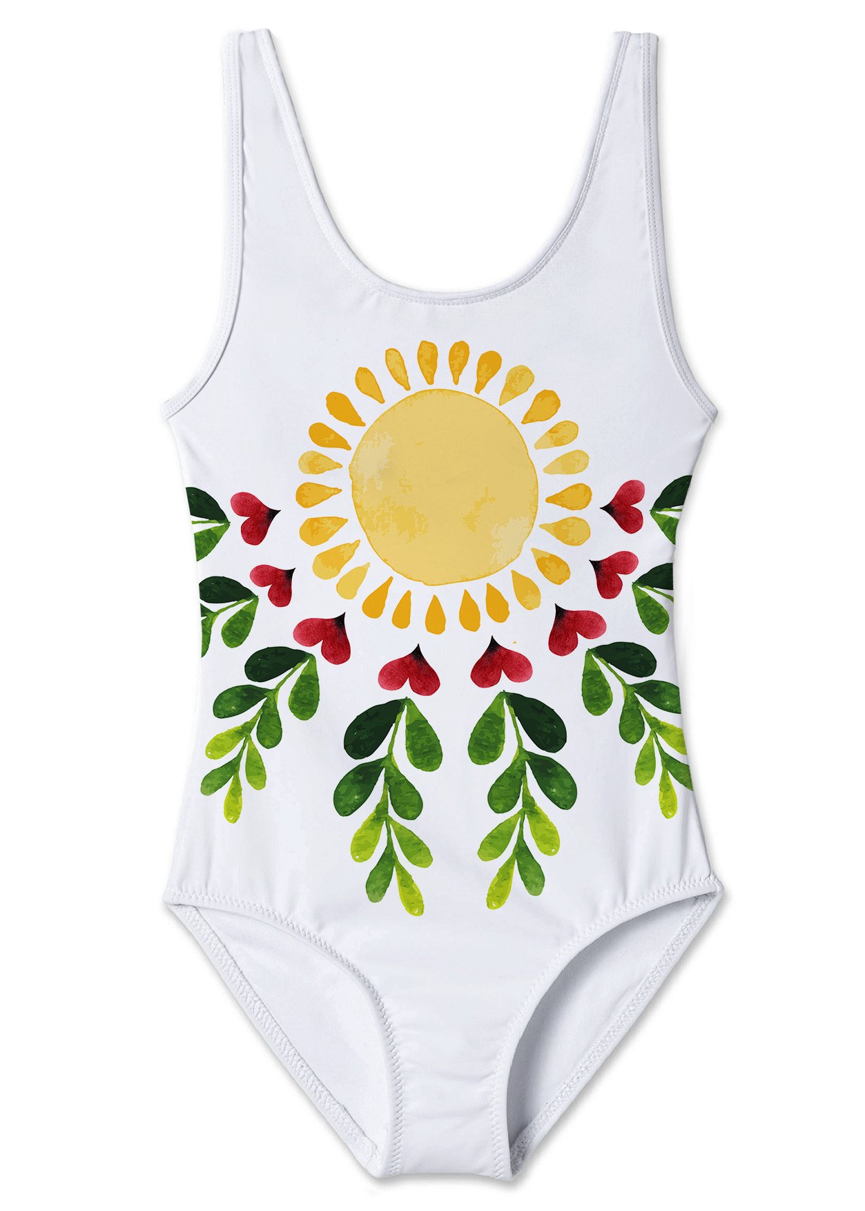 Happy Sun Tank Swimsuit featuring a vibrant sun print and a matching cover-up poncho, perfect for summer beach days.