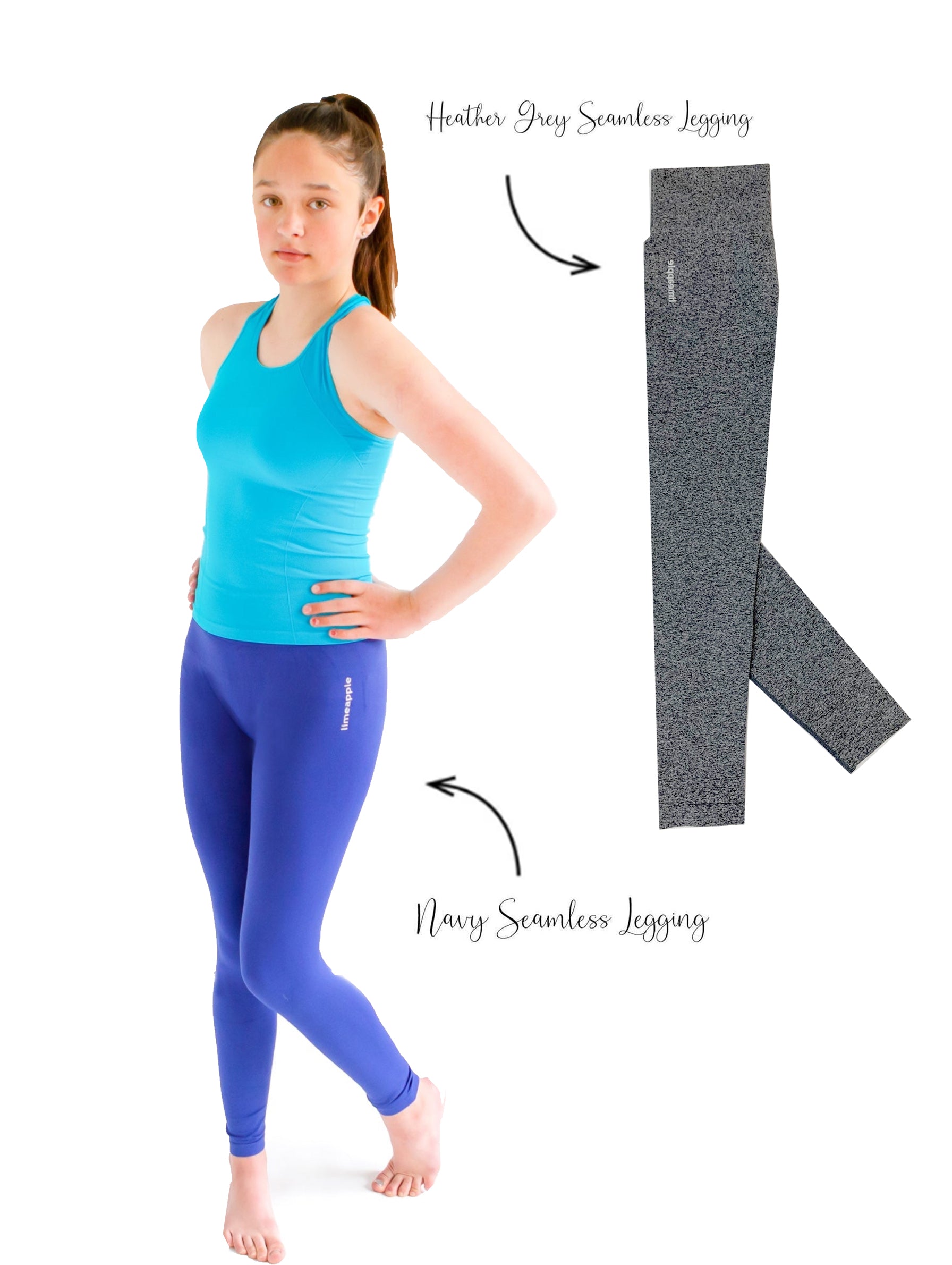 Heather Grey and Navy Seamless Leggings, pack of 2, designed for active girls aged 4 to 16, featuring a seamless construction for comfort.