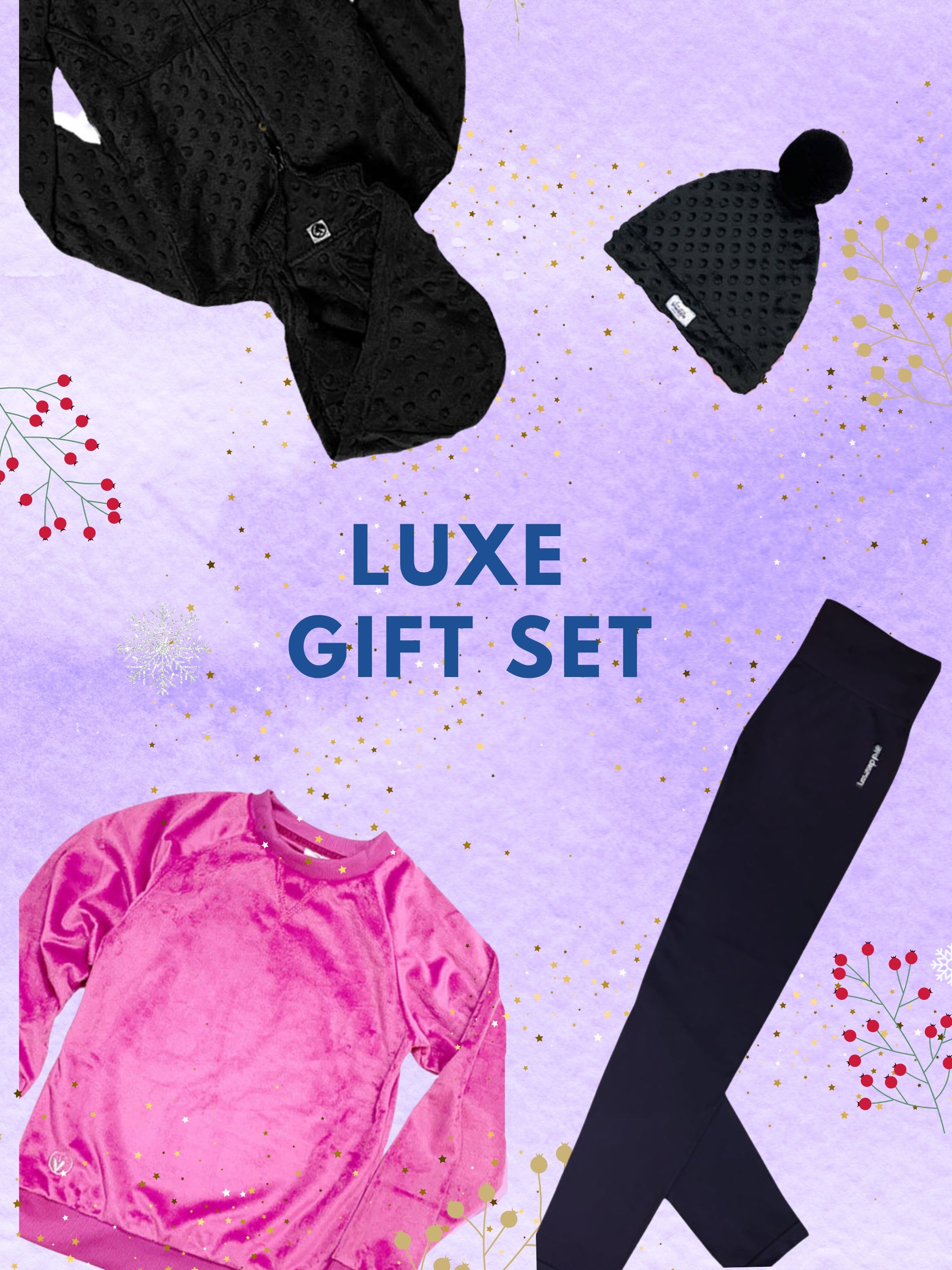 Limeapple Gift Set featuring a black minky bubble hoodie, orchid crewneck sweatshirt, black seamless leggings, and a black dot bubble beanie with puff.