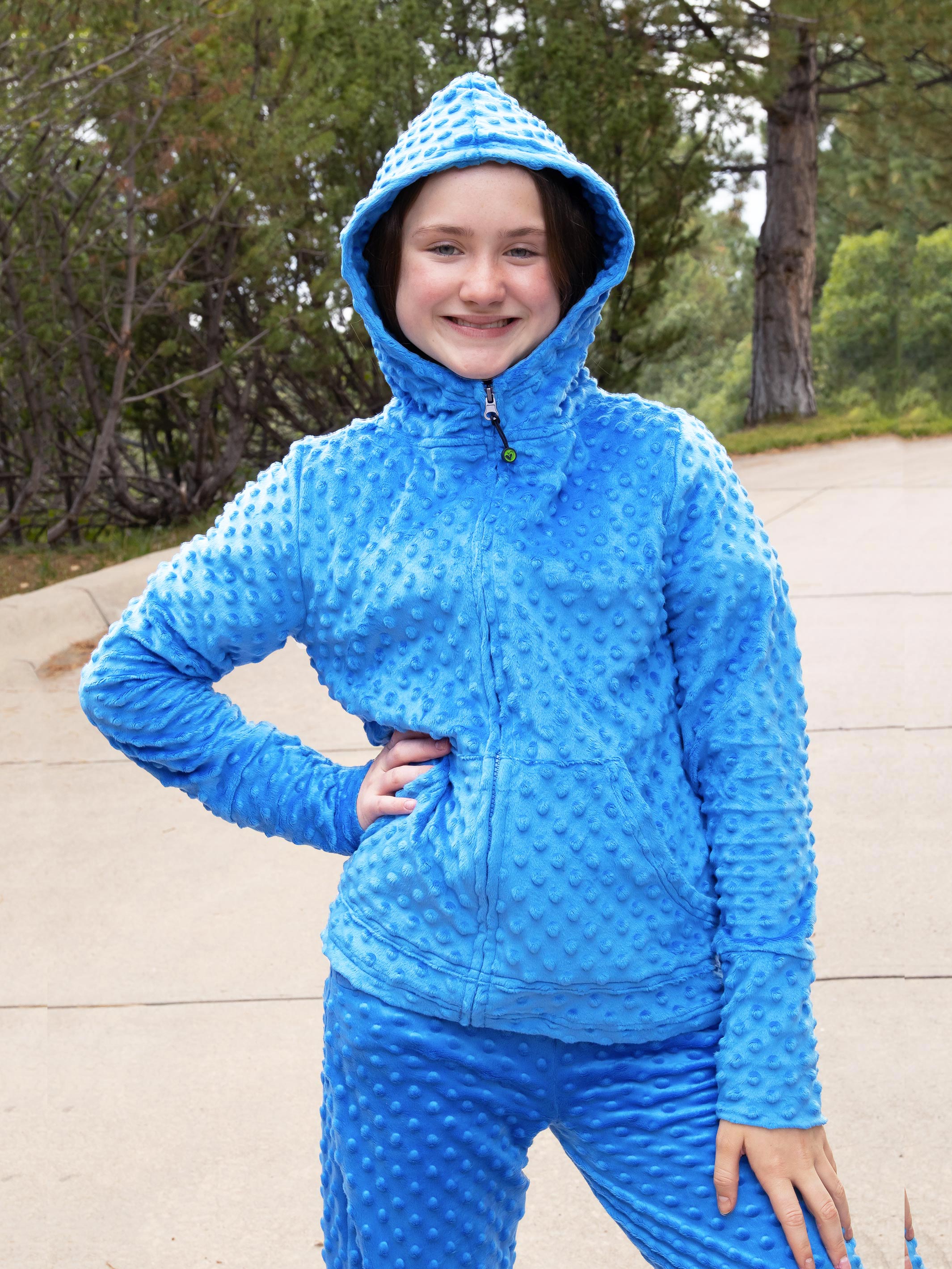 Inspiration Blue Hoodie and Joggers set, featuring ultra-soft minky fabric, perfect for girls aged 4 to 16.