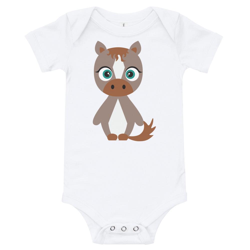 A soft cotton Horse Kritter Onesie for infants, featuring an envelope neckline and three snap leg closure, perfect for comfort and easy dressing.