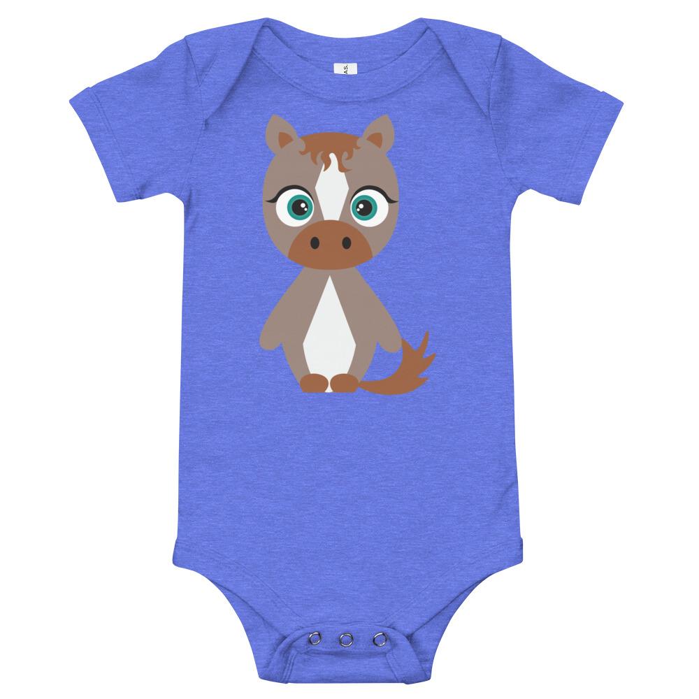 A soft cotton Horse Kritter Onesie for infants, featuring an envelope neckline and three snap leg closure, perfect for comfort and easy dressing.