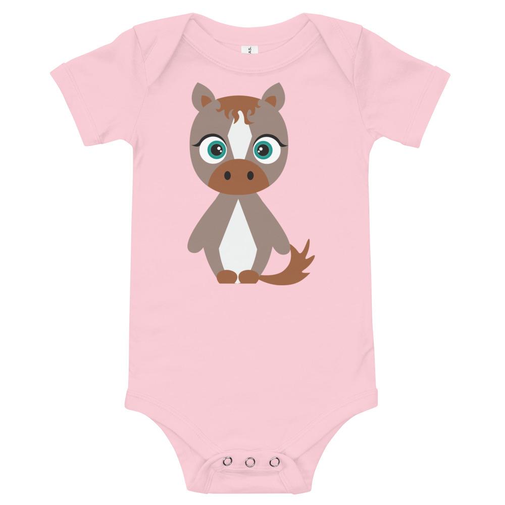 A soft cotton Horse Kritter Onesie for infants, featuring an envelope neckline and three snap leg closure, perfect for comfort and easy dressing.