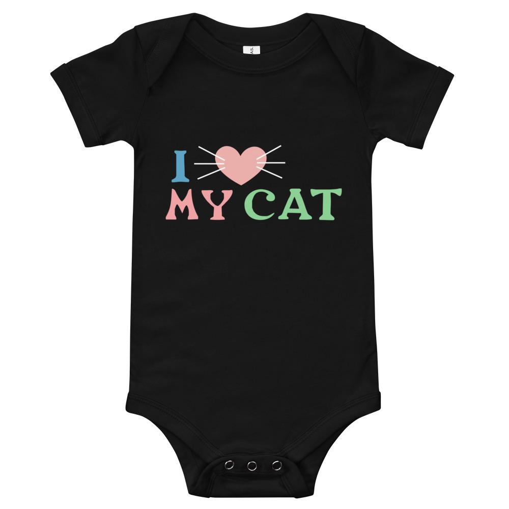 I Love My Cat Baby Bodysuit in soft cotton, featuring an envelope neckline and snap closures, perfect for cat-loving infants.