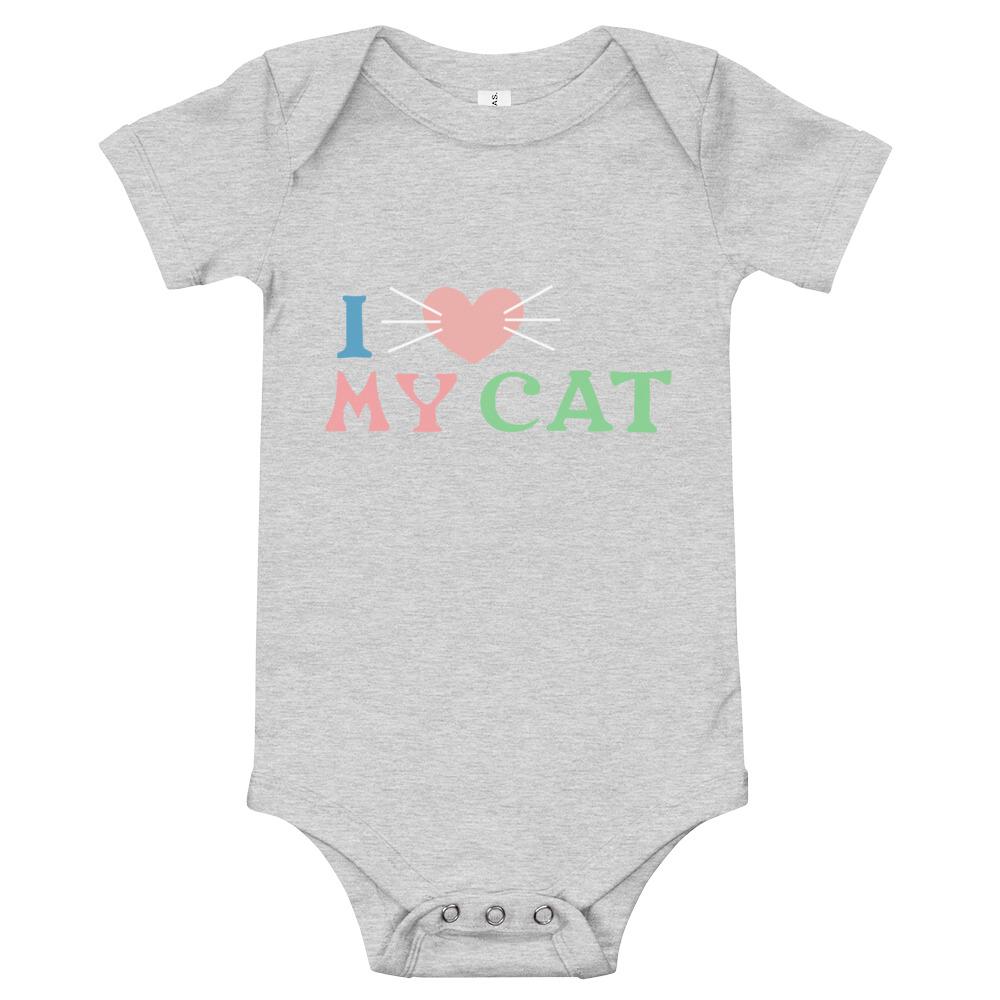 I Love My Cat Baby Bodysuit in soft cotton, featuring an envelope neckline and snap closures, perfect for cat-loving infants.