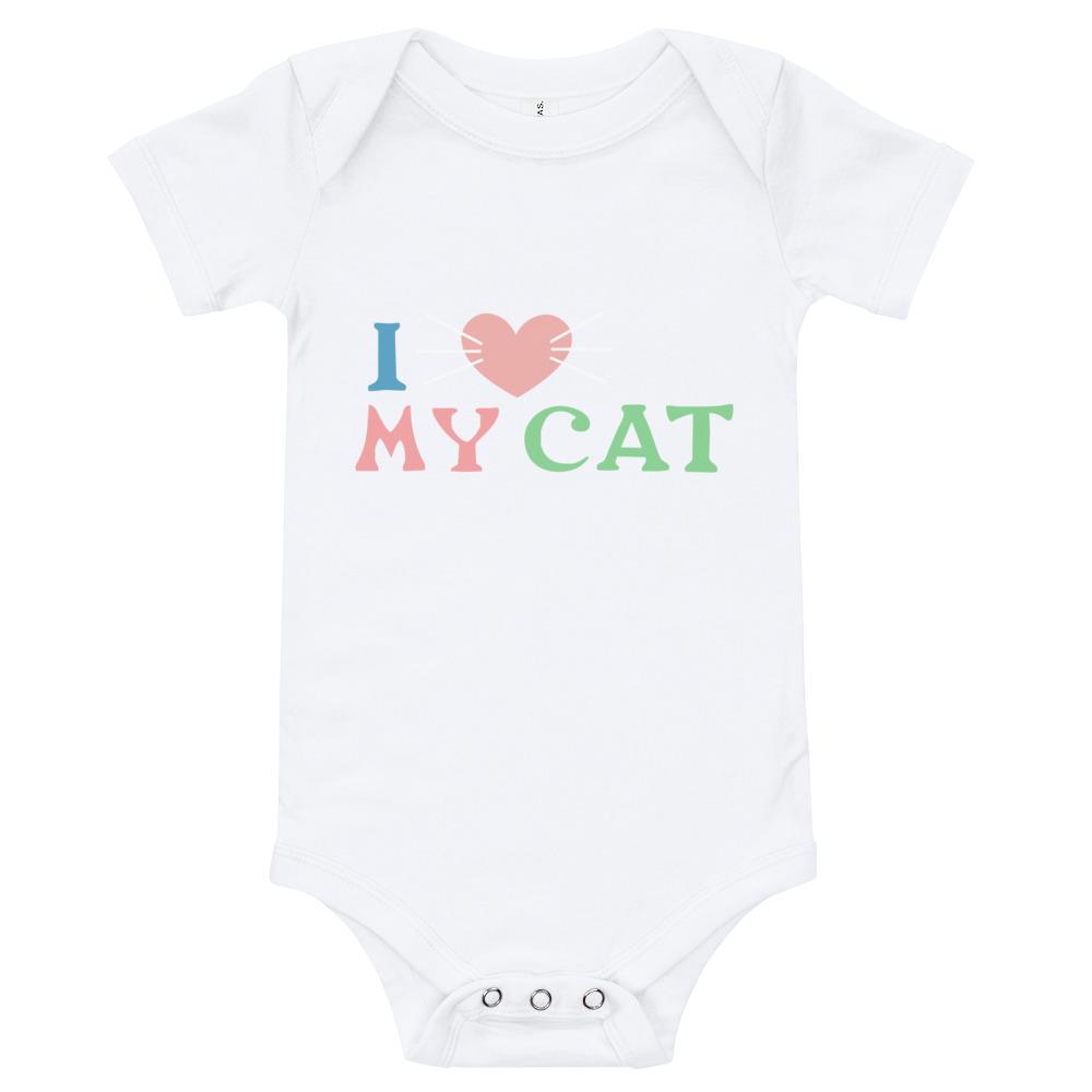 I Love My Cat Baby Bodysuit in soft cotton, featuring an envelope neckline and snap closures, perfect for cat-loving infants.