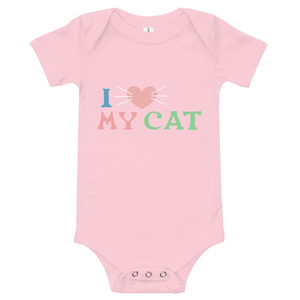 I Love My Cat Baby Bodysuit in soft cotton, featuring an envelope neckline and snap closures, perfect for cat-loving infants.