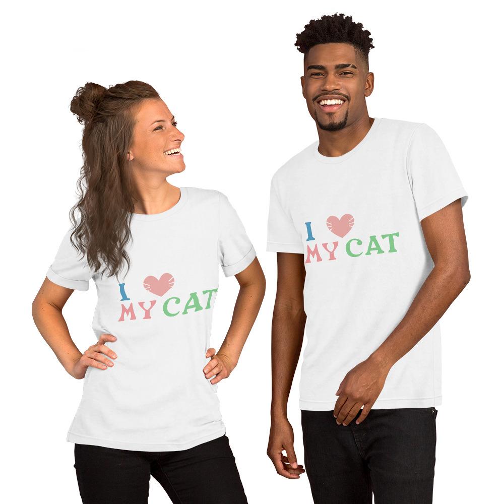 A soft cotton t-shirt featuring the phrase 'I Love My Cat', perfect for cat lovers.