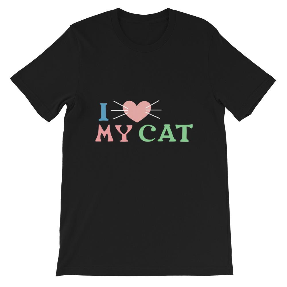 A soft cotton t-shirt featuring the phrase 'I Love My Cat', perfect for cat lovers.