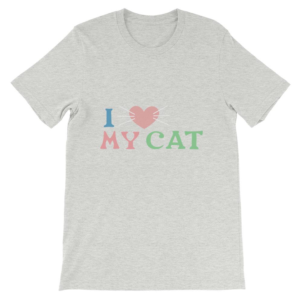 A soft cotton t-shirt featuring the phrase 'I Love My Cat', perfect for cat lovers.