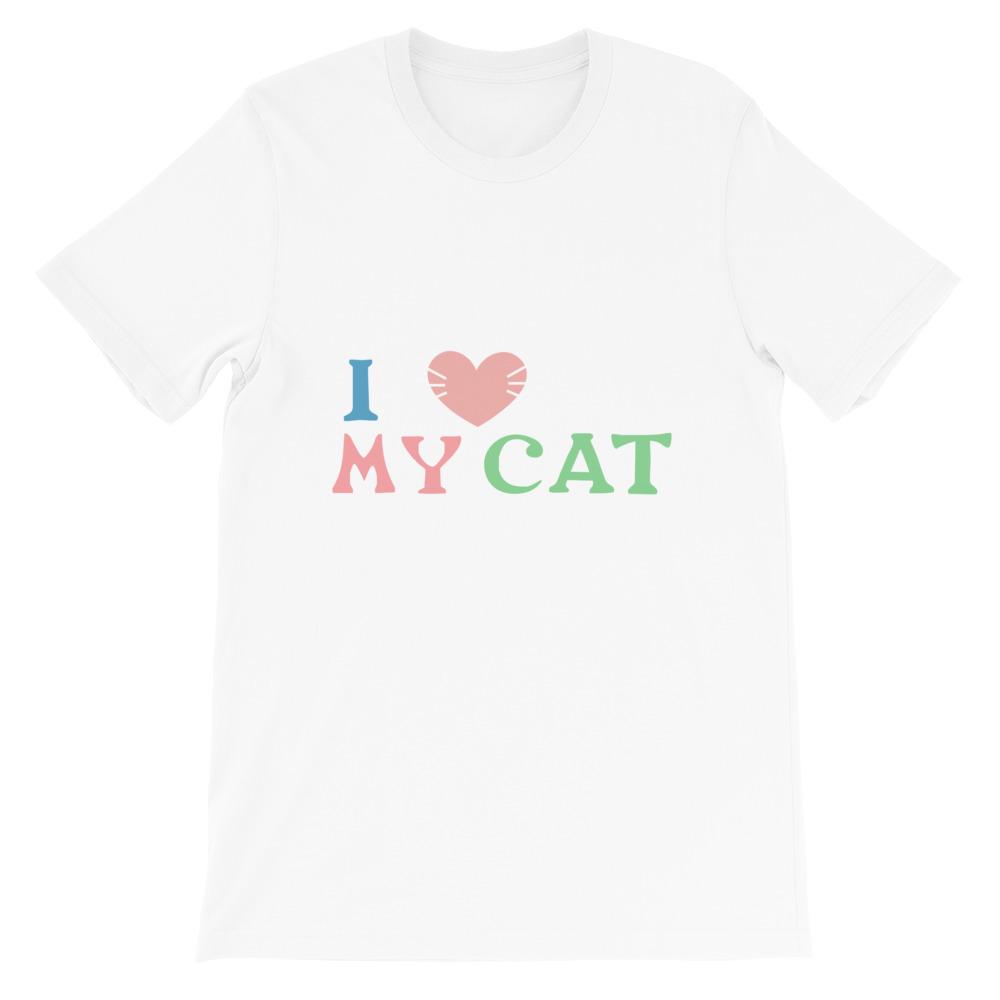 A soft cotton t-shirt featuring the phrase 'I Love My Cat', perfect for cat lovers.