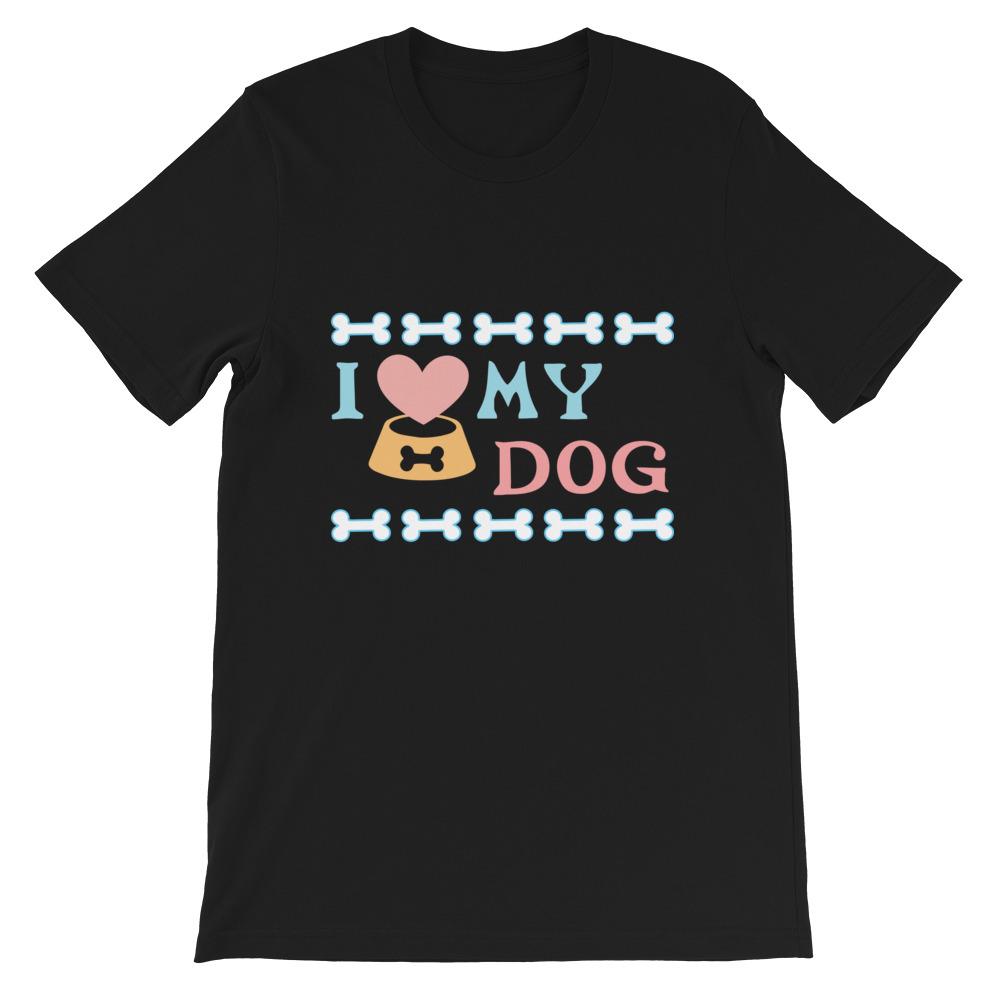 I Love My Dog Adult Unisex T-shirt in various sizes, showcasing its soft fabric and stylish design.