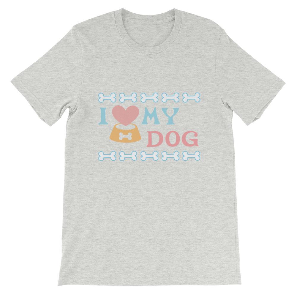 I Love My Dog Adult Unisex T-shirt in various sizes, showcasing its soft fabric and stylish design.