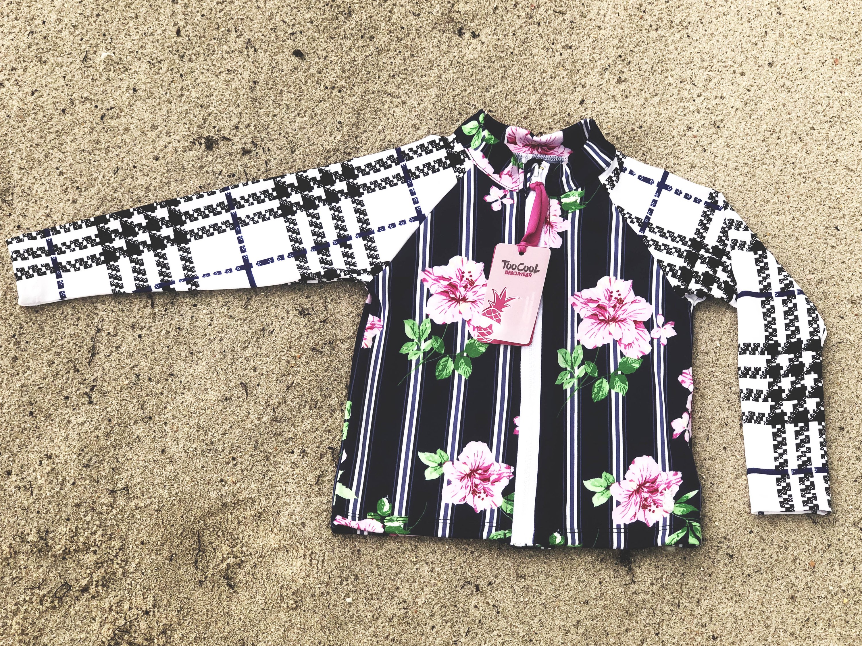 I Plaid You Rash Guard Shirt for kids featuring geometric and floral patterns in lycra, designed for stylish UV protection.