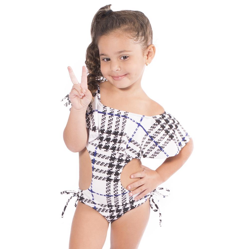 I Plaid You Trikini for kids featuring a stylish black and white design with off-shoulder style and adjustable side ribbons.