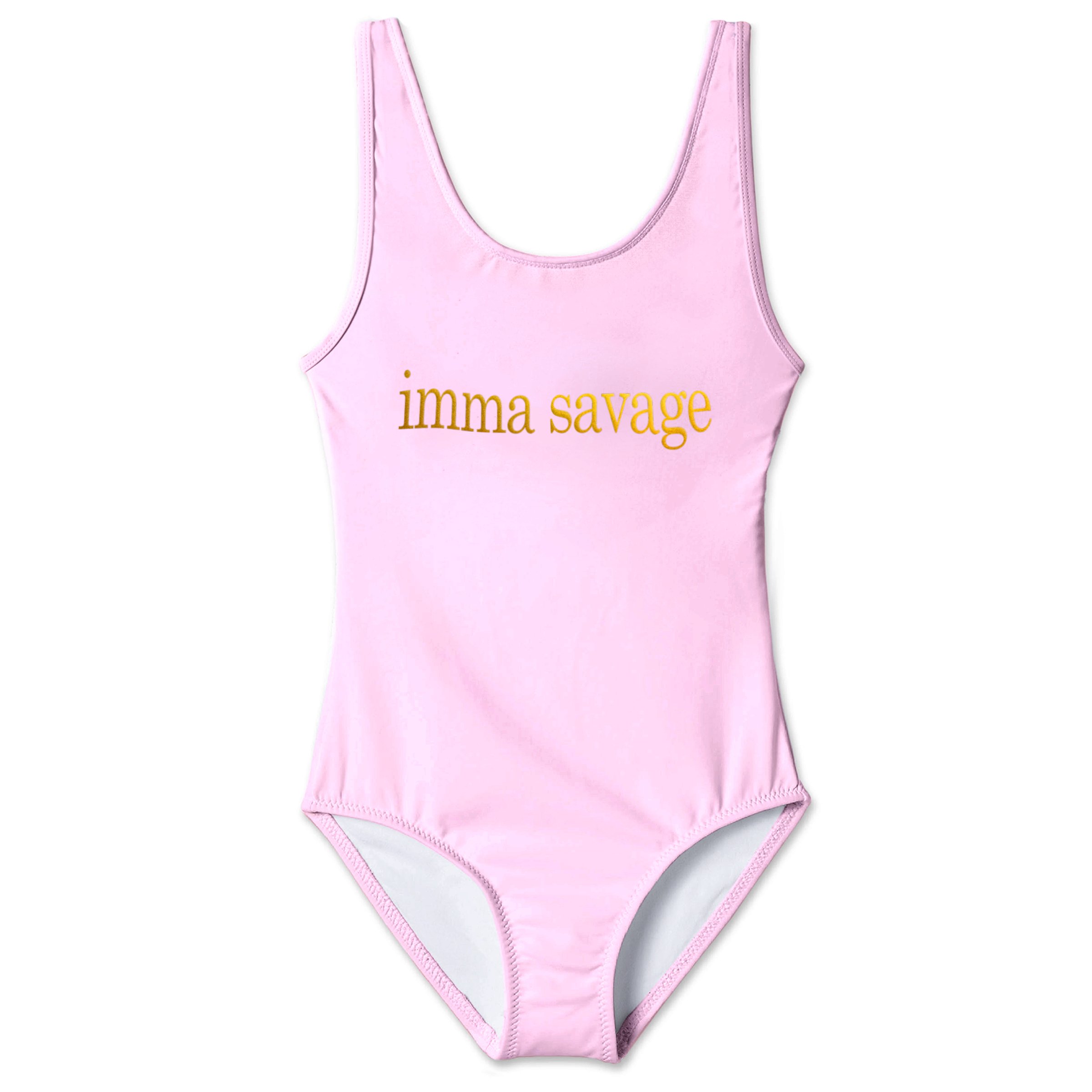 Pink tank swimsuit with gold 'Imma Savage' print, perfect for beach outings.