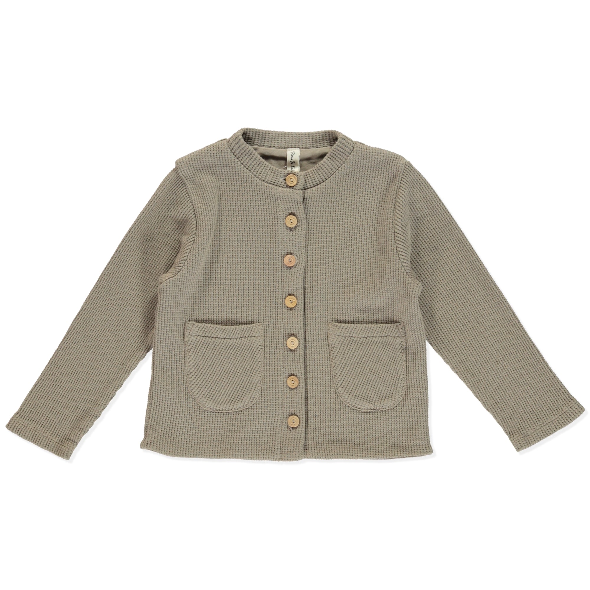 Jacket Mary Coffee for baby girls, featuring olive wooden buttons and front pockets, made from 100% organic cotton.