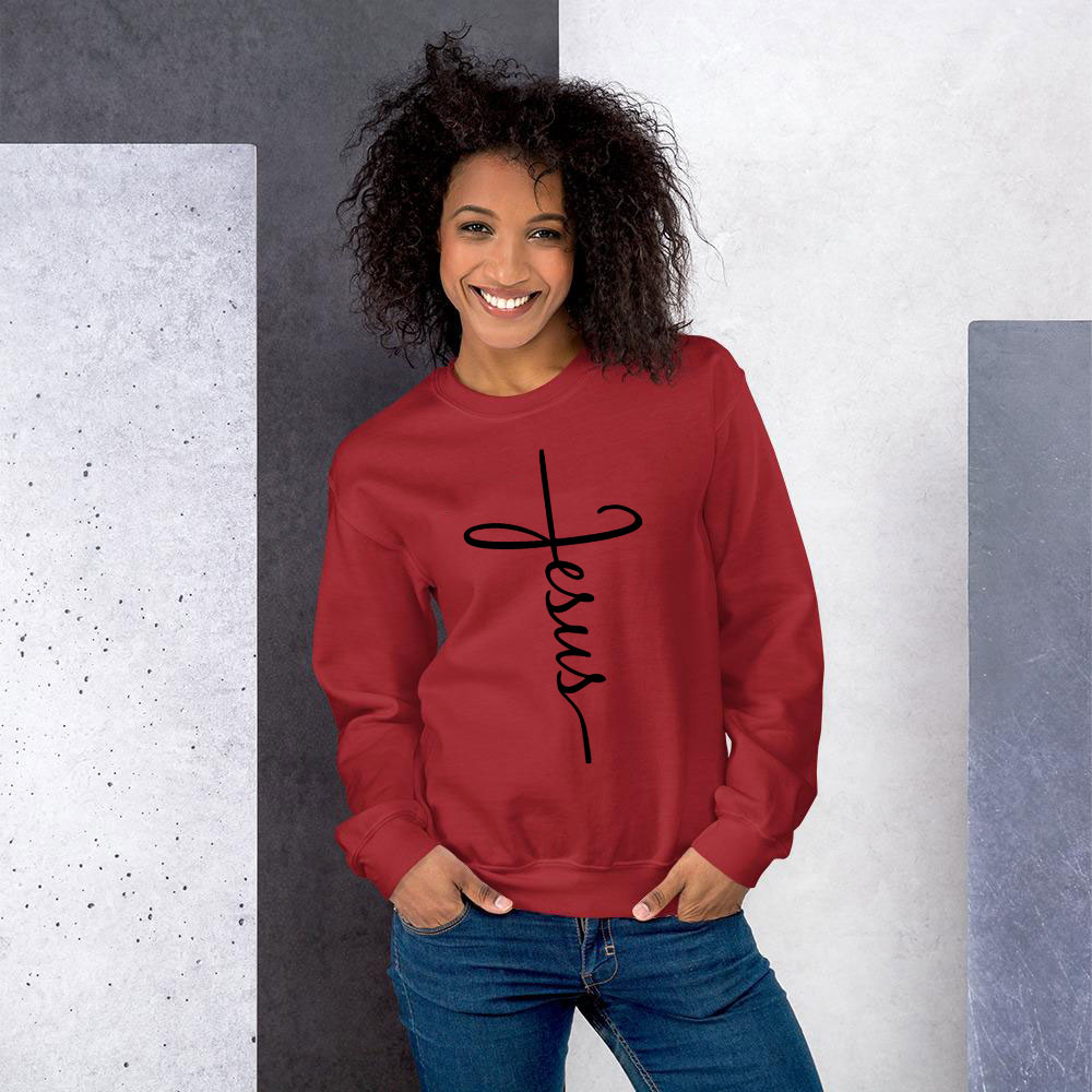 A cozy Jesus sweatshirt featuring a classic fit, made from a soft cotton-polyester blend, perfect for casual wear.