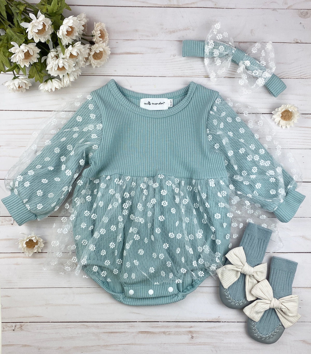 Jolene Onesie Set in sea foam green with daisy embroidered tulle skirt and matching bow headband.