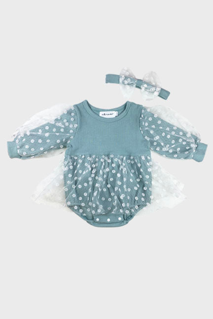 Jolene Onesie Set in sea foam green with daisy embroidered tulle skirt and matching bow headband.