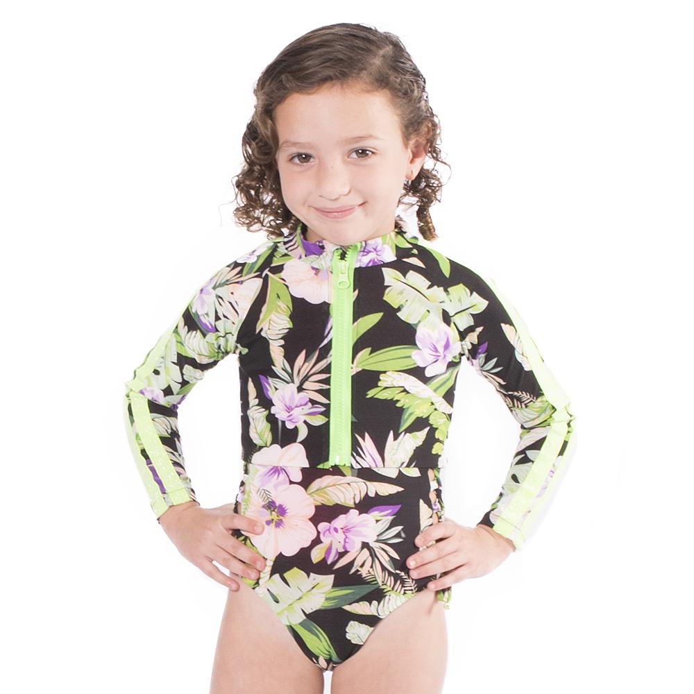 Colorful Jungle Power Rash Guard Shirt for kids featuring a vibrant floral print, made of comfortable lycra material.