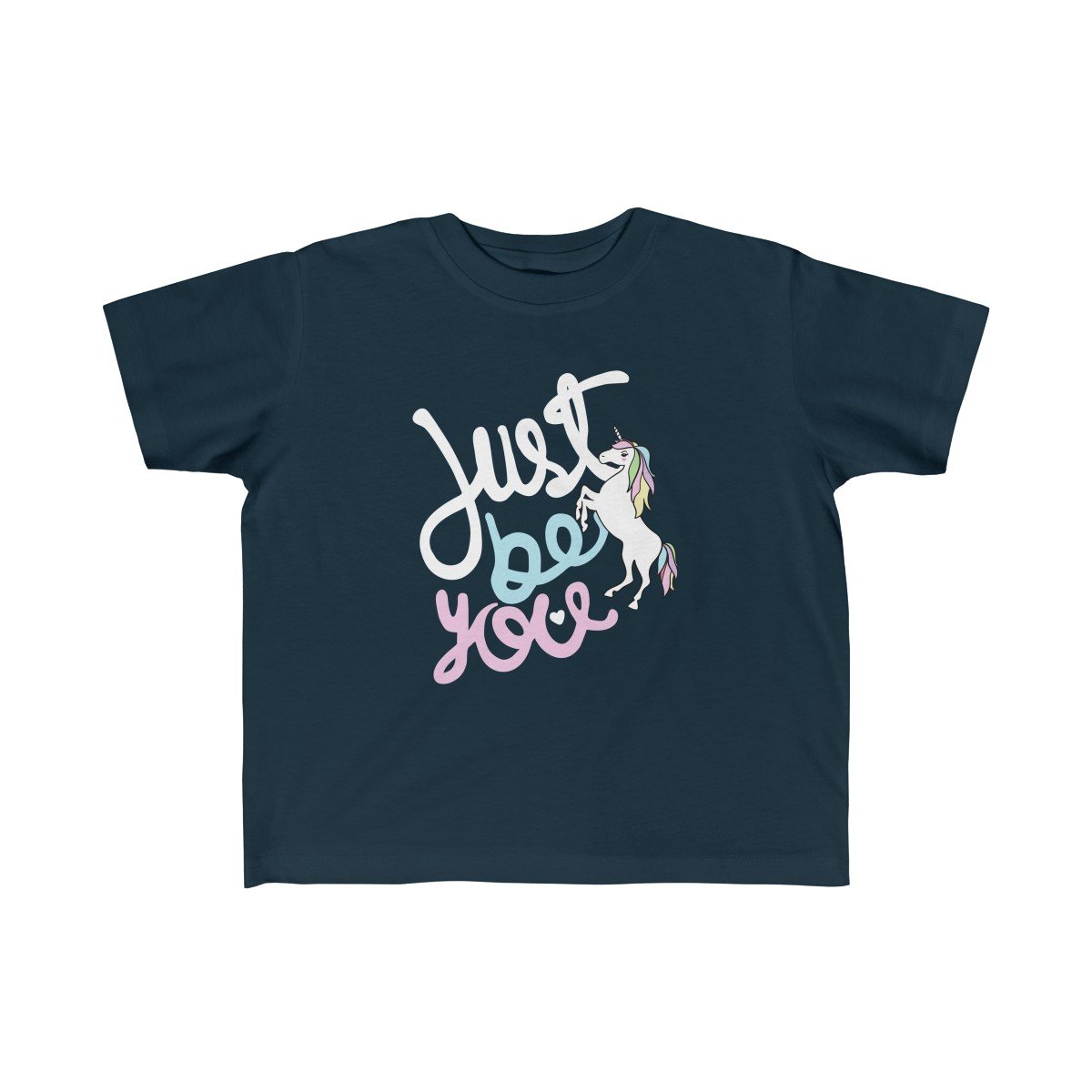 A soft and colorful Just Be You Unicorn Girl Tee featuring a vibrant unicorn design, perfect for toddlers.