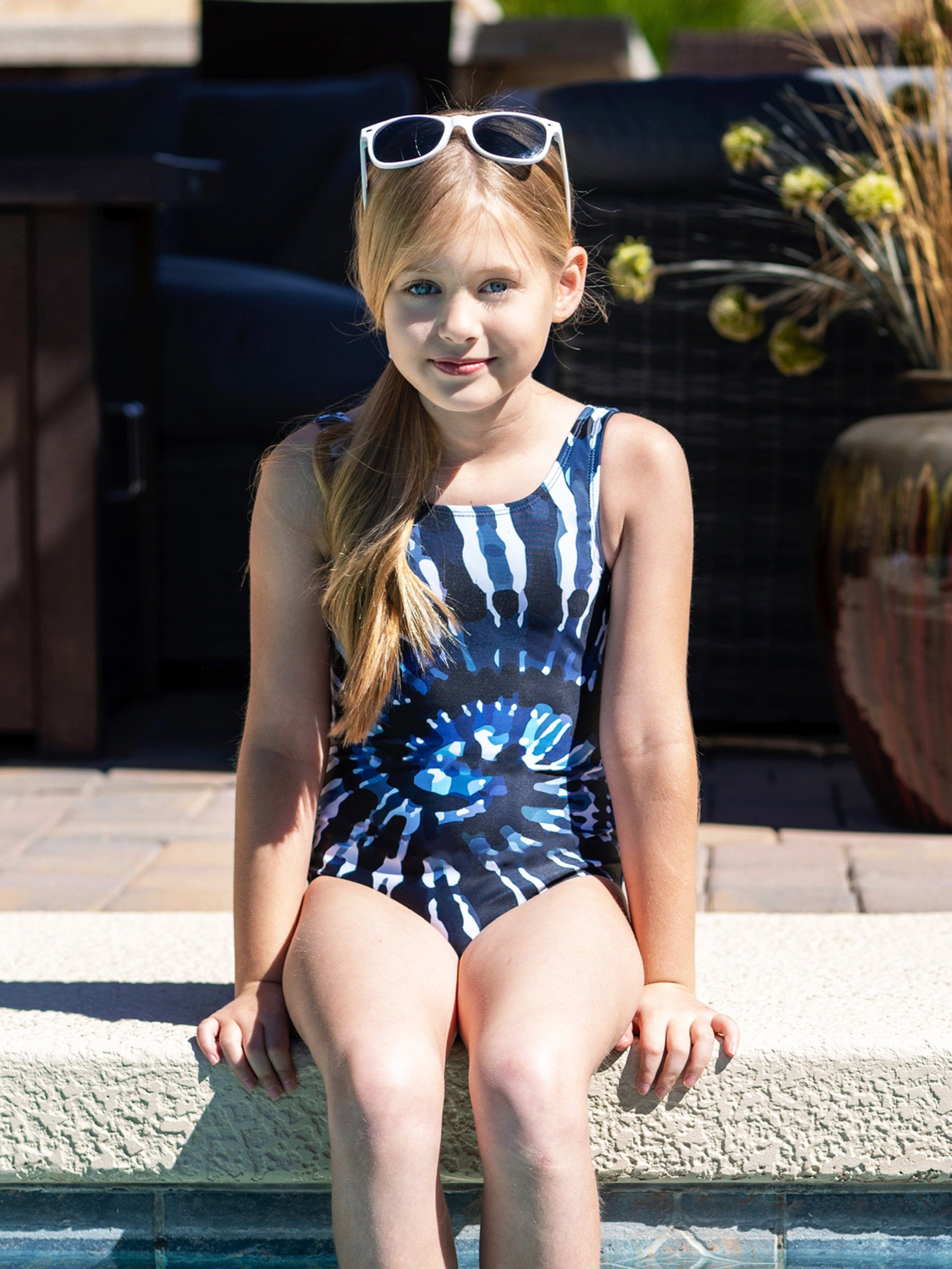 KANI Tie Dye One Piece Swimsuit in black and grey, featuring a square neckline and stylish design for girls aged 4 to 16.