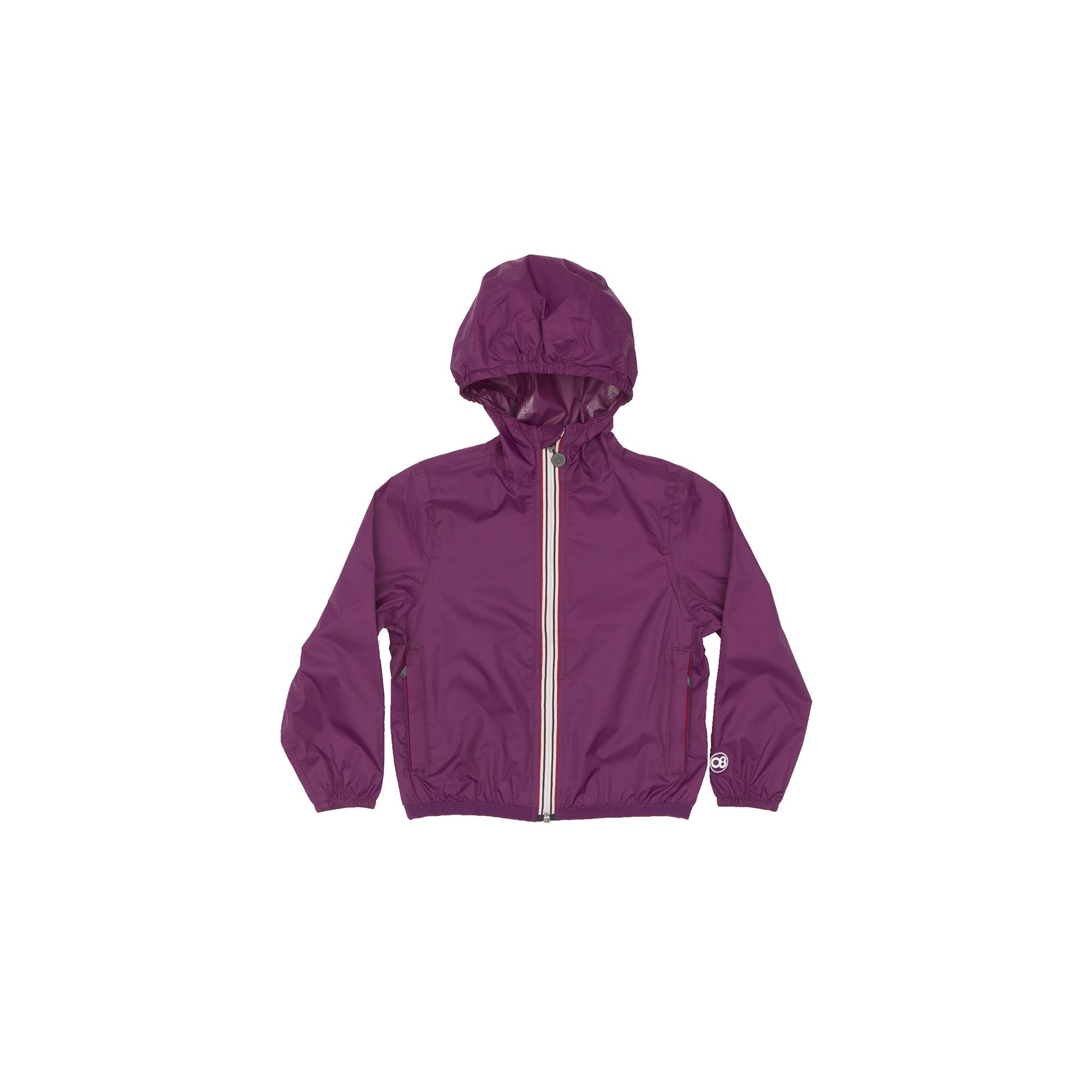 Kids Grape Full Zip Packable Rain Jacket displayed on a hanger, showcasing its vibrant color and full-zip design.