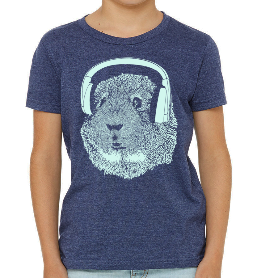 A cute kid's shirt featuring a guinea pig wearing headphones, showcasing vibrant colors and a playful design.