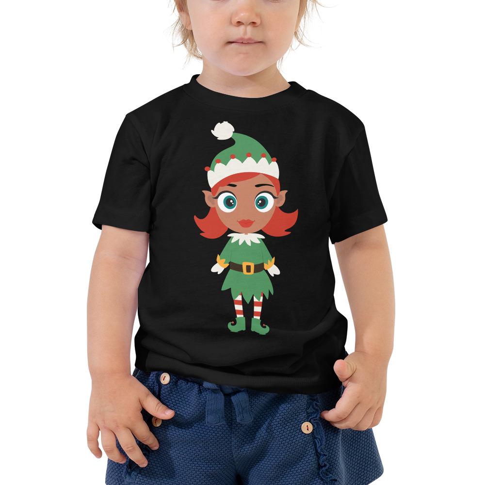 Kritter Christmas Elf Girl Toddler T-shirt featuring a festive elf design, made from 100% cotton with a relaxed fit for comfort.