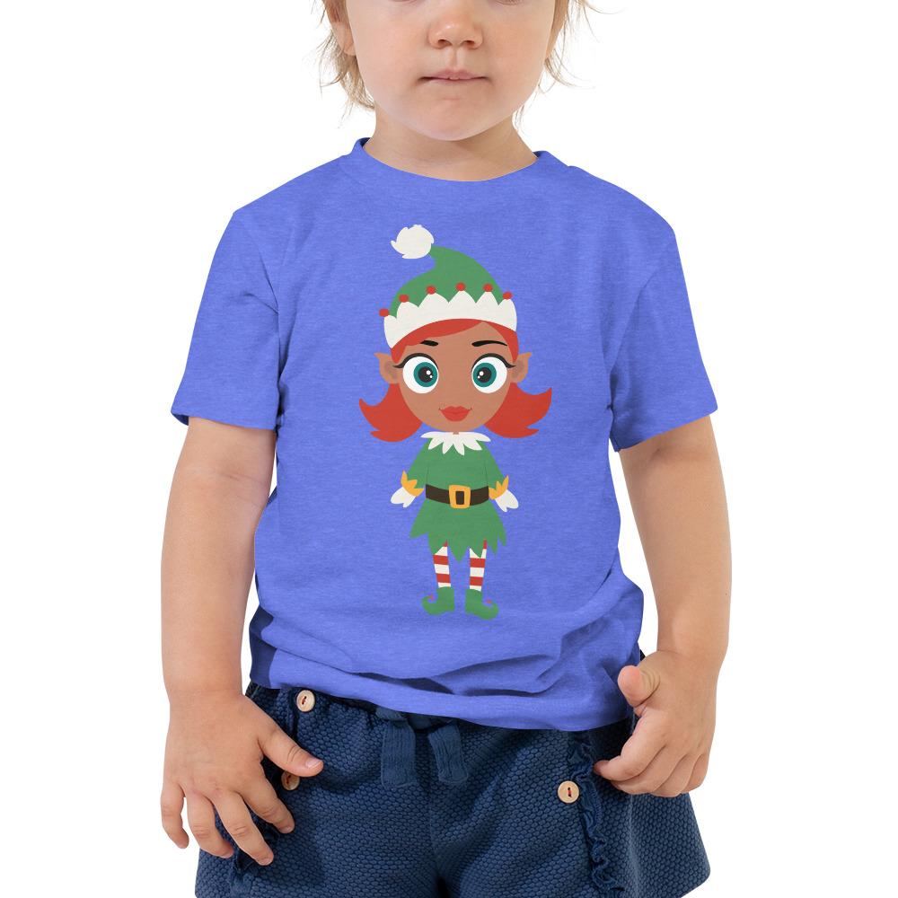 Kritter Christmas Elf Girl Toddler T-shirt featuring a festive elf design, made from 100% cotton with a relaxed fit for comfort.