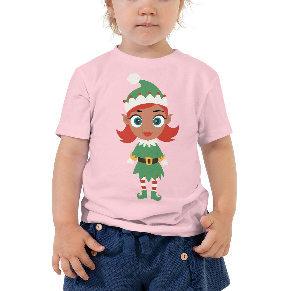 Kritter Christmas Elf Girl Toddler T-shirt featuring a festive elf design, made from 100% cotton with a relaxed fit for comfort.