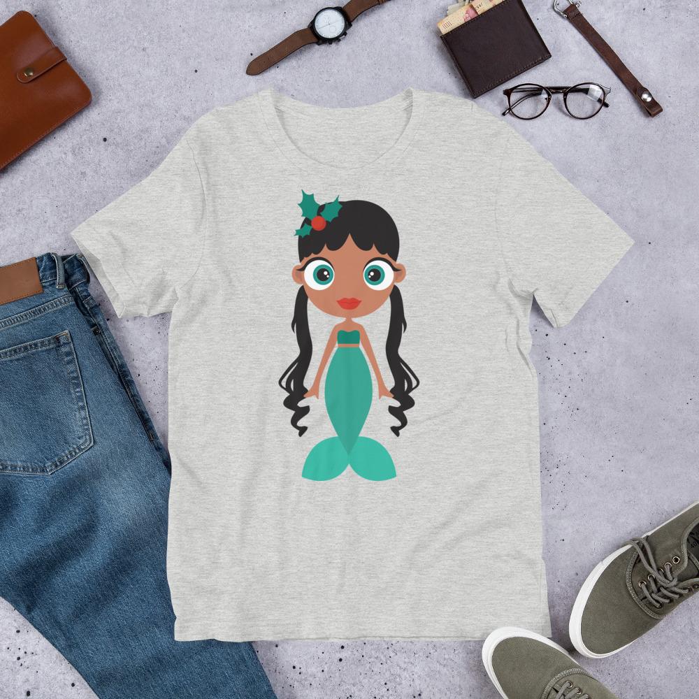 Kritter Christmas Mermaid Adult T-Shirt featuring a festive design, made from soft cotton fabric, available in various sizes.