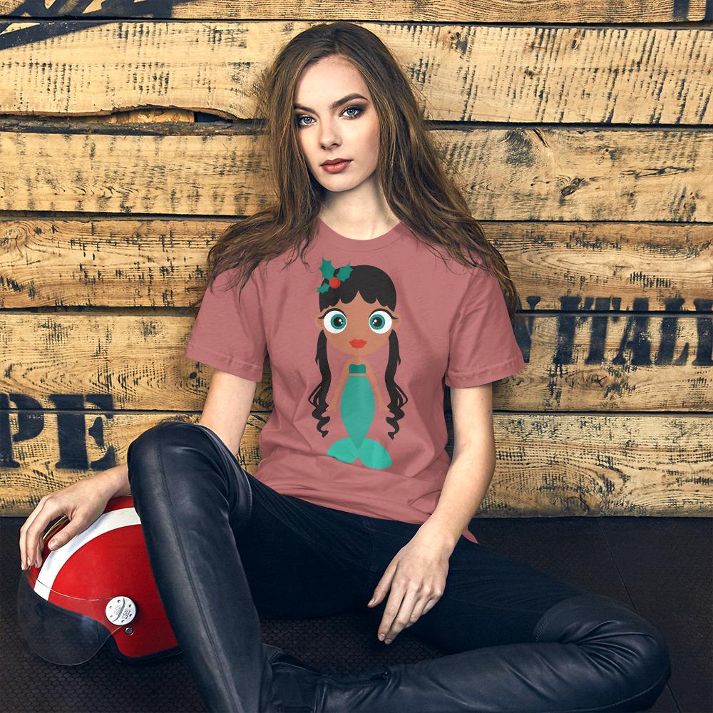 Kritter Christmas Mermaid Adult T-Shirt featuring a festive design, made from soft cotton fabric, available in various sizes.