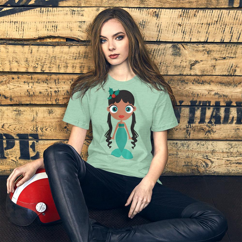 Kritter Christmas Mermaid Adult T-Shirt featuring a festive design, made from soft cotton fabric, available in various sizes.