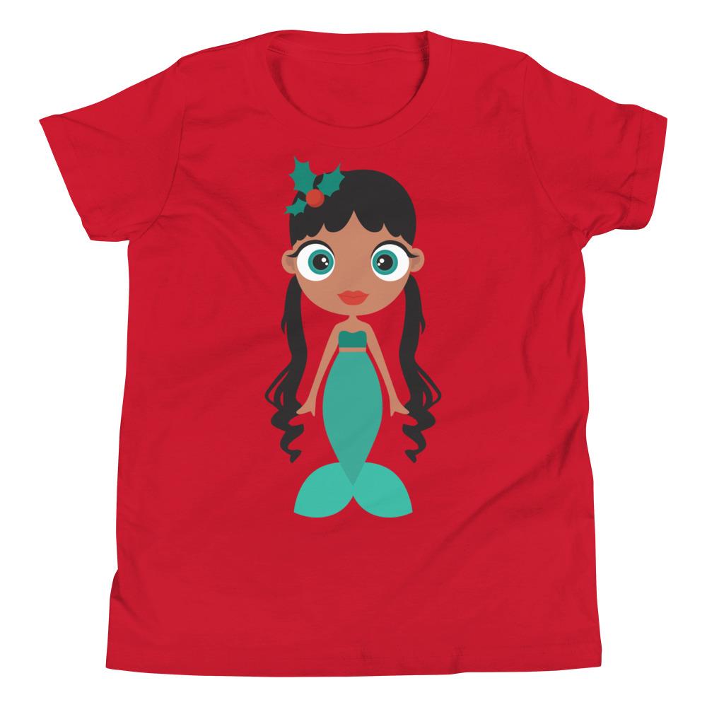 Kritter Christmas Mermaid Kids T-shirt featuring a whimsical mermaid design in soft jersey cotton, perfect for holiday celebrations.