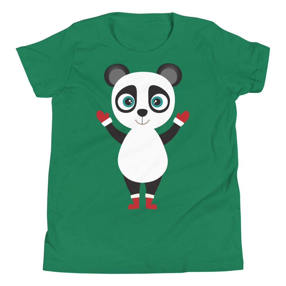 Kritter Christmas Panda Kids T-Shirt featuring a cute panda design on soft jersey cotton fabric, perfect for holiday celebrations.