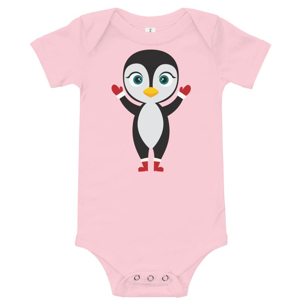 Kritter Christmas Penguin Baby Bodysuit featuring a cute penguin design, soft cotton fabric, and three snap leg closure.