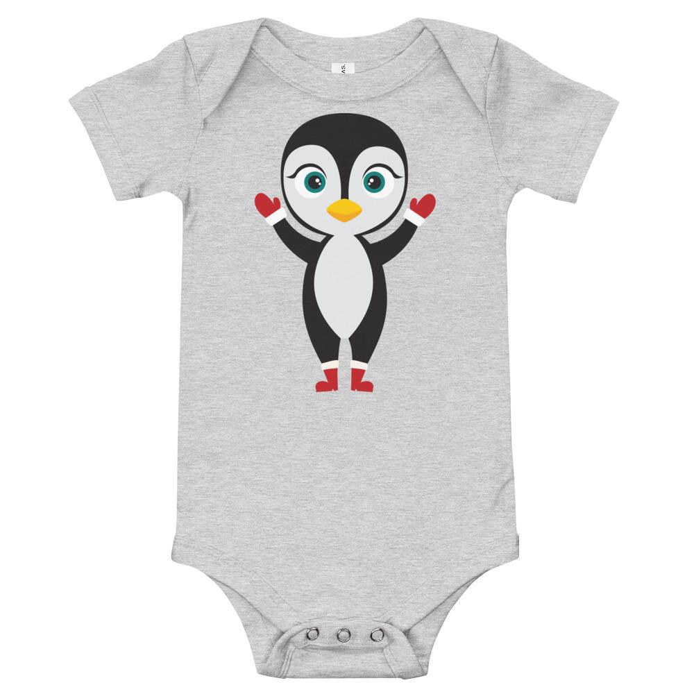 Kritter Christmas Penguin Baby Bodysuit featuring a cute penguin design, soft cotton fabric, and three snap leg closure.