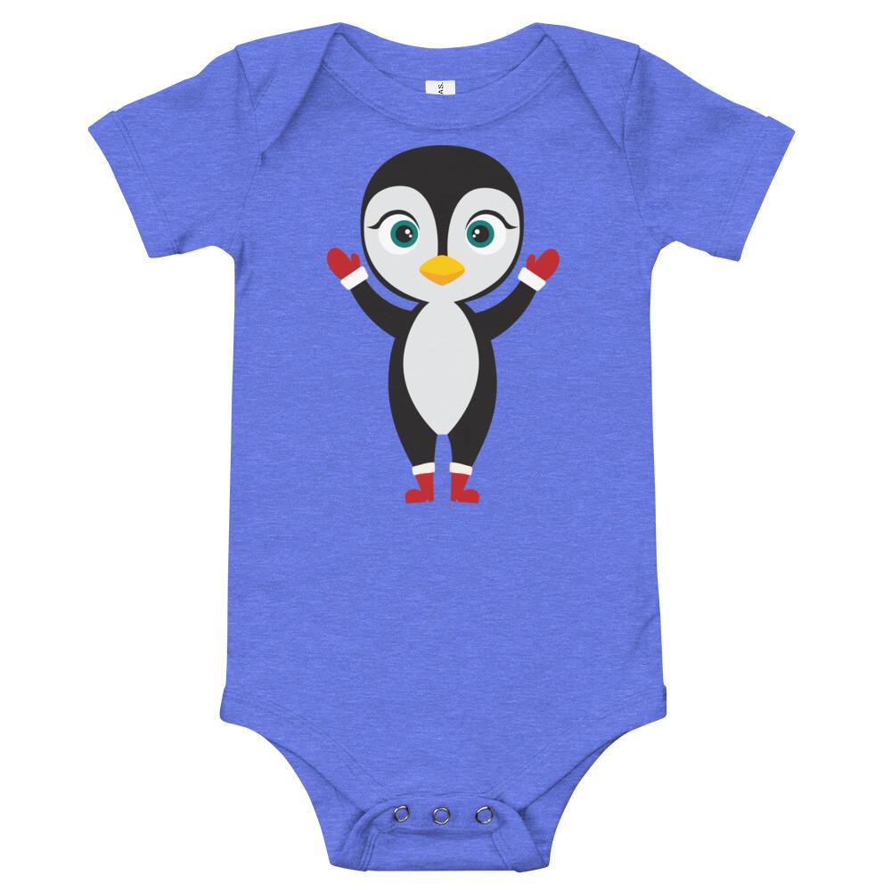 Kritter Christmas Penguin Baby Bodysuit featuring a cute penguin design, soft cotton fabric, and three snap leg closure.